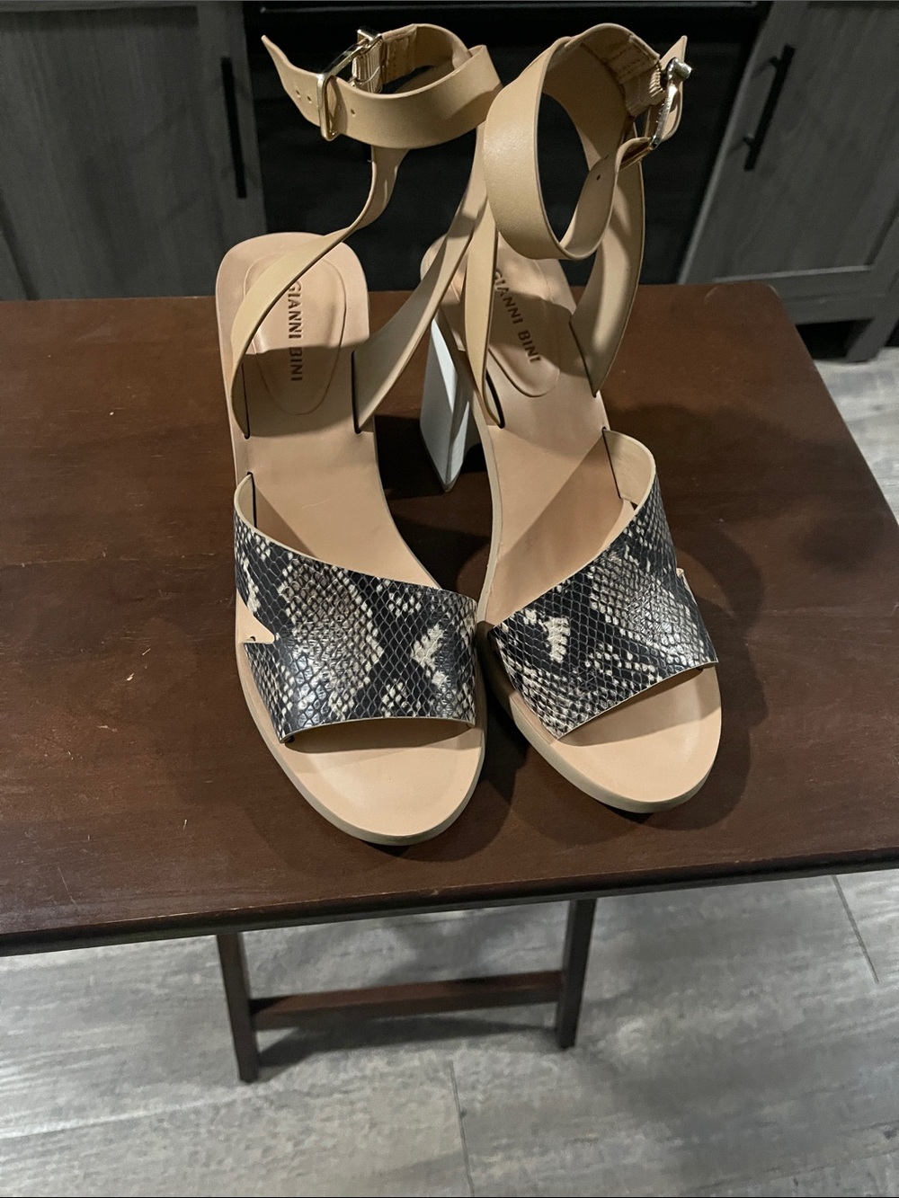 Gianni Bini Beige Ankle-Strap Heels with Snakeskin Strap
